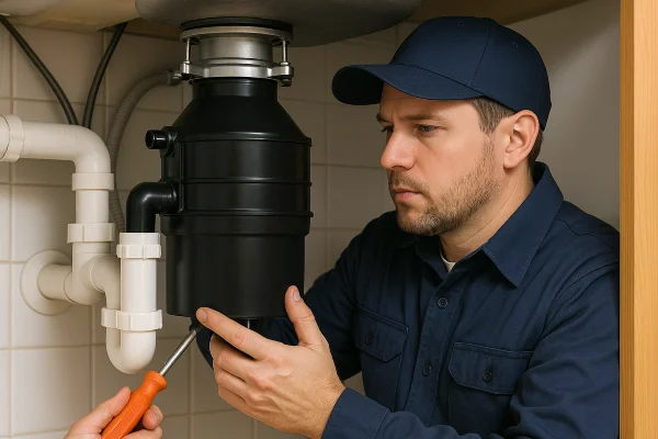 A technician working on a garbage disposal from Plumber Pflugerville in Pflugerville, TX - Commercial plumbing services