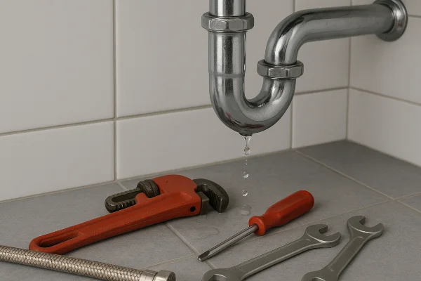 A sink water leak and plumbing tools on the floor from Plumber Pflugerville in Pflugerville, TX - Commercial plumbing services