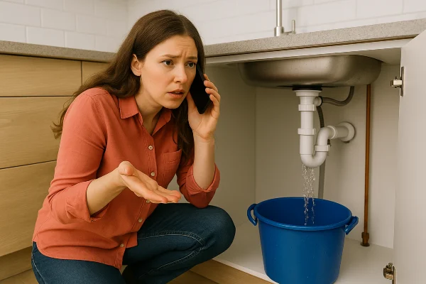 A woman on the phone with a water leak problem underneath the kitchen sink from Plumber Pflugerville in Pflugerville, TX - Toilet Replacement Services